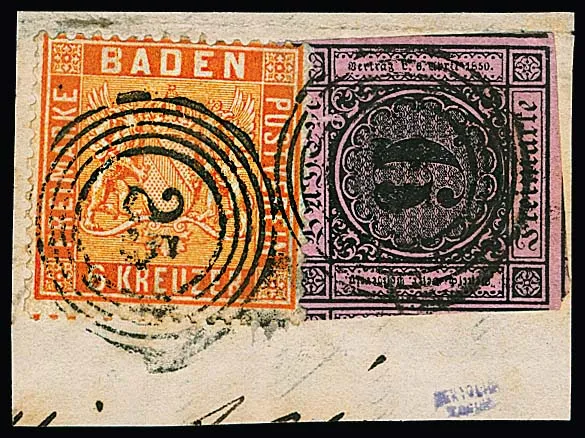 9 Kr. black/dark pink, cut with over-margins on three sides with adjacent stamps, in mixed franking with very well perforated 6 Kr. orange on letter piece with '25' cancel, rare combination, signed Stegmüller