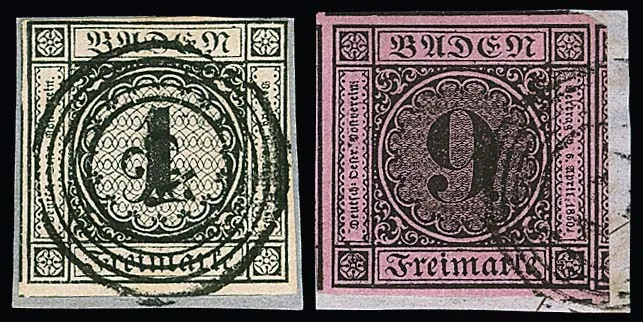 9 Kr. black/dark pink (adjacent stamps on all four sides!), signed Stegmüller, and 1 Kr. black, two over-margined cabinet letter pieces