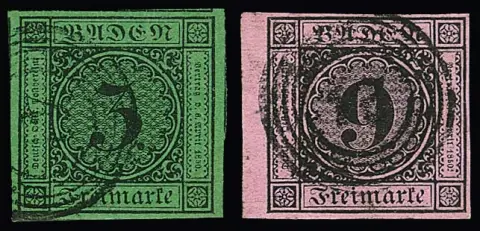 9 Kr. schw./rosa (sign. Krause, Flemming) und 6 Kr. schw./grün (drei Seiten Nebenmarken), zwei sehr breitrandige Luxus-Randstücke