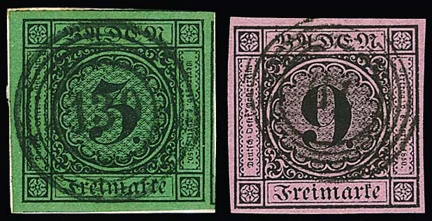 9 Kr. black/pink, wide-margined luxury piece, signed Stegmüller, as well as exceptionally large-margined 3 Kr. black/green, left of the sheet margin, all other three sides...