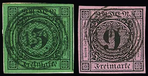 9 Kr. schw./rosa, breitrandiges Luxusstück, sign. Stegmüller, sowie hervorragend riesenrandige 3 Kr. schw./grün, links vom Bogenrand, alle anderen drei Seiten…