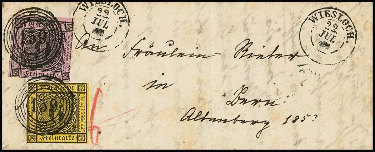 9 Kr. zwart/roze in gemengde frankering met 6 Kr. zwart/geel, gebruikelijk gesneden 15 Kr.-frankering op klein damesbrief 1857 naar Bern/Zwitserland, afstempeling "159" en K2...