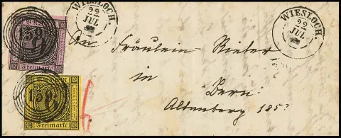 9 Kr. schw./rosa in Mischfrankatur mit 6 Kr. schw./gelb, üblich geschnittene 15 Kr.-Frankatur auf kl. Damenbrief 1857 nach Bern/Schweiz, NS "159" und K2…