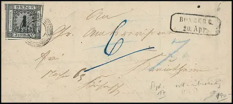 1 Kr. schwarz, riesenrandiges Luxusstück, drei Seiten Nebenmarken, auf Formular "Besonderer Zustellschein" per Nachnahme mit NS "17" und Ra2 "Boxberg" 1864