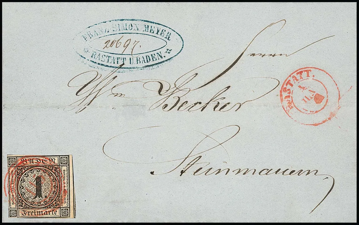 1 Kr. black, partly slightly cut into, single on folded letter with unusual red cancellation "115" and side K2 "Rastatt"