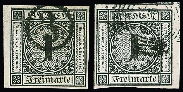 1 Kr. schwarz, zwei riesenrandige Kabinett-/Luxus-Randstücke, einmal idealer Uhrradstempel "3", sign. Bühler bzw. Englert