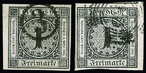 1 Kr. schwarz, zwei riesenrandige Kabinett-/Luxus-Randstücke, einmal idealer Uhrradstempel "3", sign. Bühler bzw. Englert