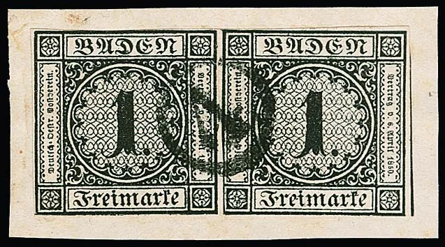 1 Kr. black, horizontal superb pair on piece with only one centered clock cancel "4"