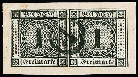 1 Kr. schwarz, waager. Prachtpaar auf Briefstück mit nur einem zentr. Uhrradstempel "4"