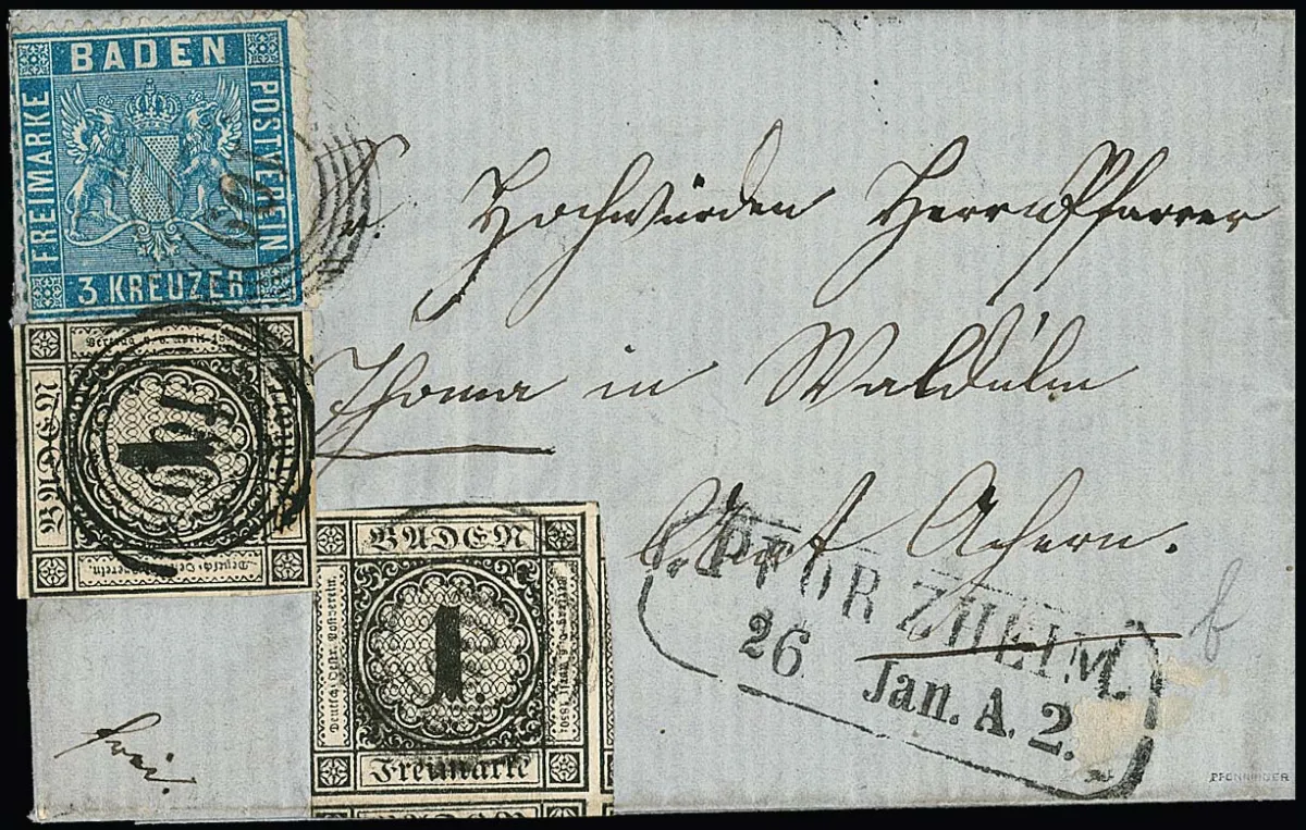 1 Kr. schwarz, zwei teils überrandige Exemplare in Mischfrankatur mit 3 Kr. preußischblau auf kleinem Briefchen von Pforzheim in den Landbezirk von Achern,…