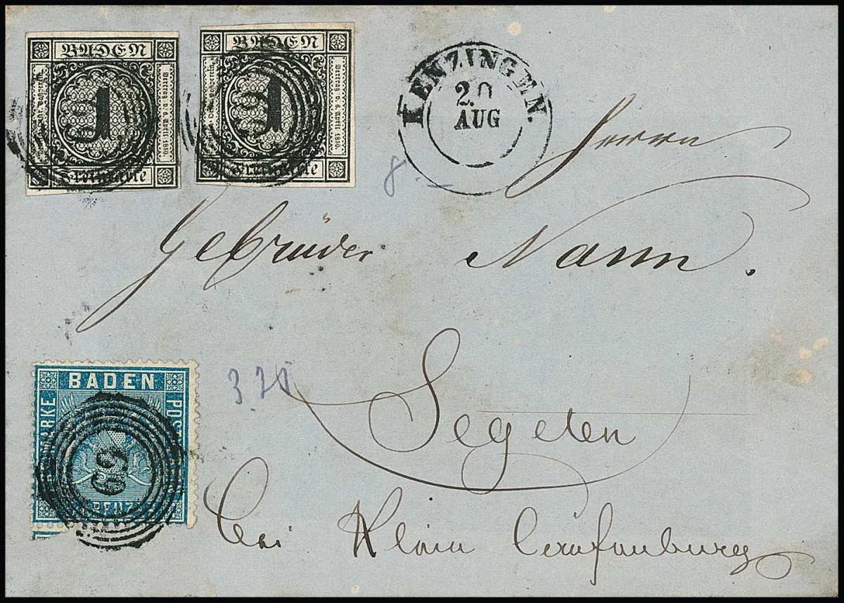 1 Kr. schwarz per zwei in Mischfrankatur mit gez. 3 Kr. ultramarin auf (rs. unkpl.) Brief mit NS "69" und K2 "Kenzingen"