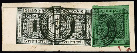 1 Kr. schwarz im Paar mit 8mm breitem linkem Bogenrand, nur oben links winzig berührt, nebst 3 Kr. schw./grün, auf Prachtbriefstück mit NS "43", sign. Seeger