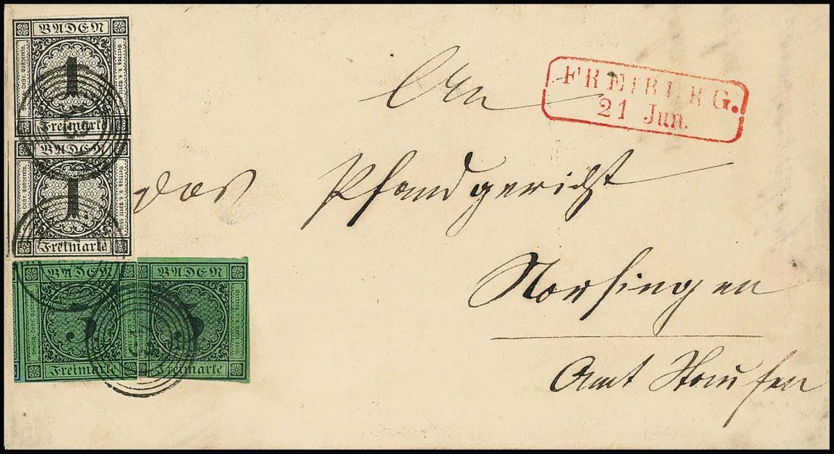 1 Kr. black in pair, together with two times 3 Kr. black/green, on internally incomplete, somewhat cleaned letter with NS "43" and red departure Ra2 "Freiburg",…