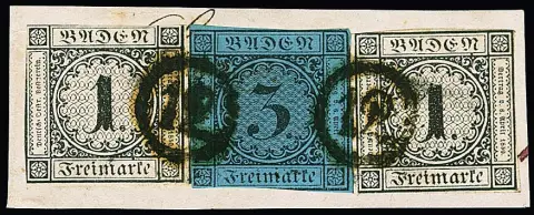 1 Kr. schwarz per zwei nebst 3 Kr. schw./blau (kl. Eckstauchung), ausgabetypischer Schnitt, auf dekor. Briefstück mit klaren Uhrradstempeln "12"