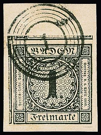 1 Kr. black, over-margined, on cabinet piece with NS "1", as well as two other pieces, partly subsidiary stamps
