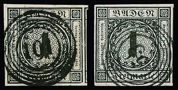 1 Kr. black, nine selected full- to huge-margined examples (one pair), partly subsidiary stamps