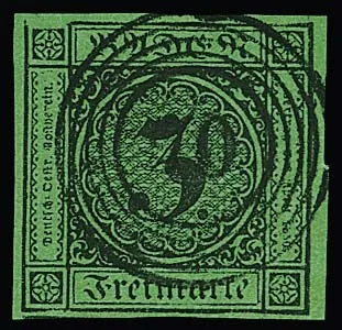 3 Kr. black/green, plate flaw "upper left corner open", very wide-margined luxury piece from the right edge with centered cancellation "70"