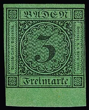 3 Kr. black/green unused from bottom margin (!) with slightly run original gum, hinge trace, photo exp. Stegmüller. Mi. 400,-
