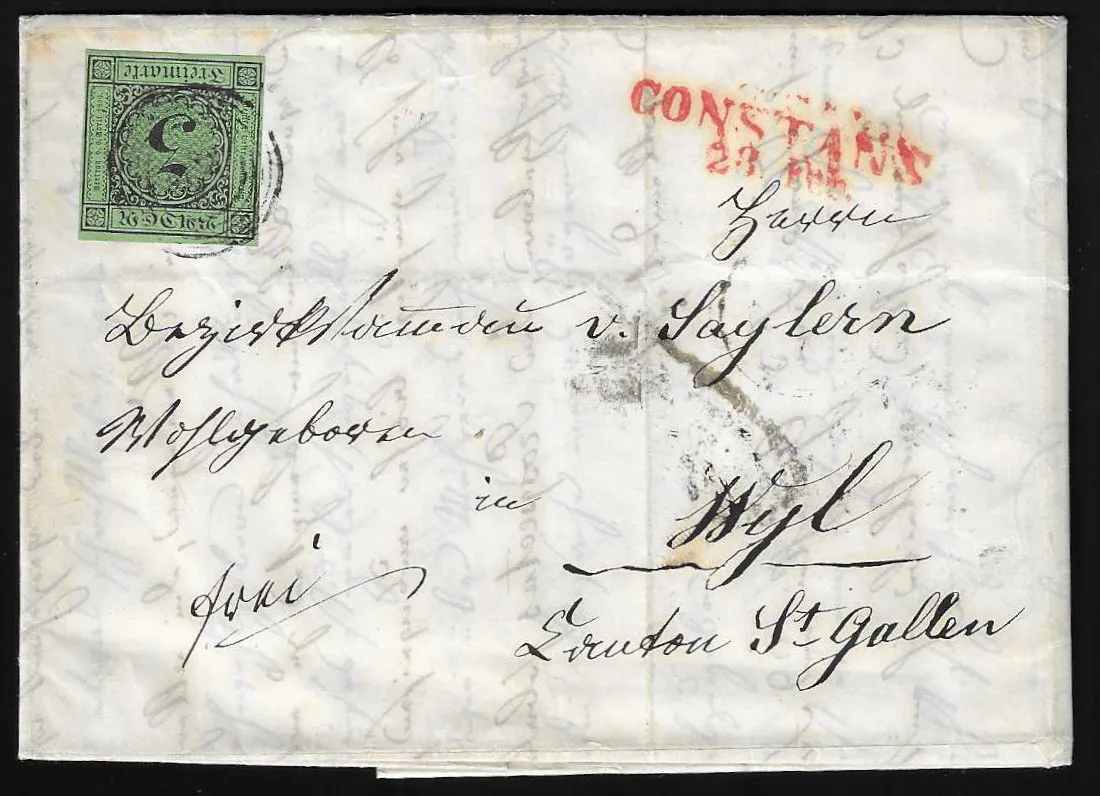 3 Kr. noir/vert, pièce de cabinet bien margée sur lettre de rayon limitrophe de Constance à Wyl/Suisse