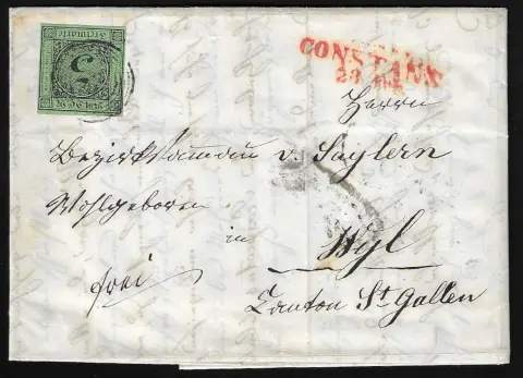 3 Kr. schw./grün, gut gerandetes Kabinettstück auf Grenzrayonbrief von Constanz nach Wyl/Schweiz