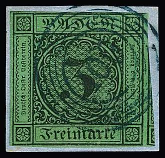 3 Kr. schw./grün, überrandig, auf Kabinettbriefstück mit klarem blauem NS "100" von Neustadt, Fotoexp. Stegmüller