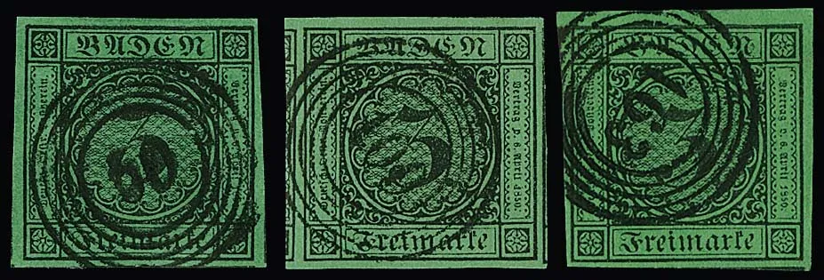 3 Kr. black/green, ten selected full, mostly wide to over-margined examples in often luxury condition