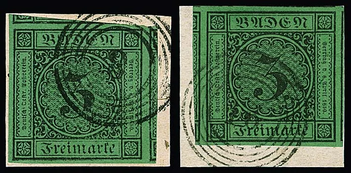 3 Kr. noir/vert, dix fragments de lettre, dont pièces de luxe à bords larges