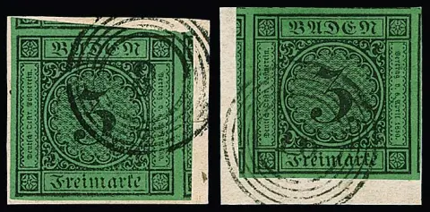 3 Kr. schw./grün, zehn Briefstücke, dabei überrandige Luxusstücke