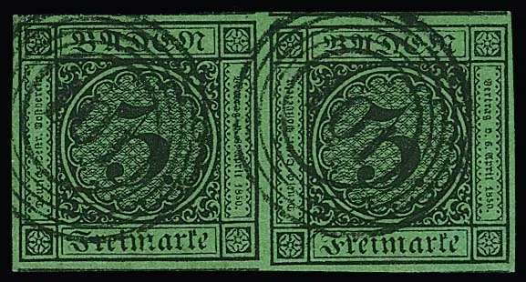 3 Kr. black/green, huge-margin luxury pair (several subsidiary marks) with clear NS "101" (Oberkirch)