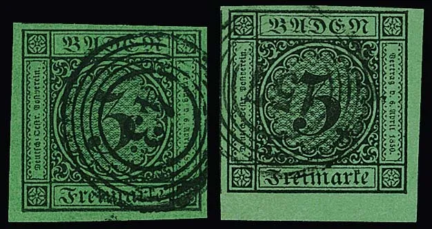 3 Kr. black/green, two wide-margin small luxury sheet corners bottom left and right, each photo exp. Stegmüller