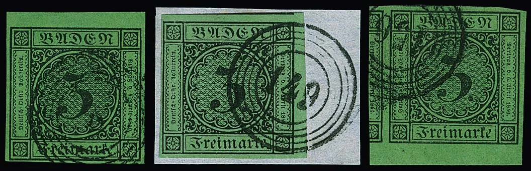 3 Kr. black/green, three selected wide-margin luxury margin pieces, partly subsidiary marks, each photo exp. Stegmüller