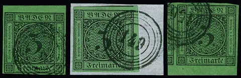 3 Kr. noir/vert, trois pièces de bord de luxe à bords larges choisis, partiellement marques annexes, chaque photo exp. Stegmüller