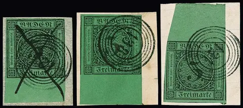 3 Kr. noir/vert, trois fragments de lettre avec timbres aux bords supérieurs ou inférieurs parfois très larges, voir photo (une fois petite tache)