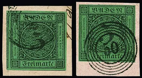 3 Kr. brun/vert, deux pièces de lettre de luxe, une avec NS idéal "50", une avec grande marge et marques voisines, plus paire sur pièce de cabinet