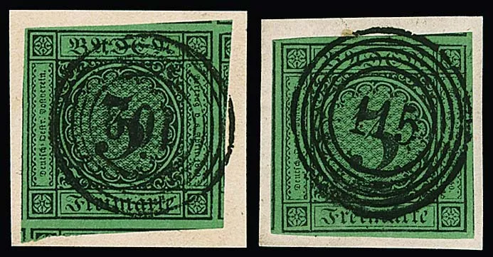 3 Kr. brown/green, eight letter pieces with selected full to oversized margin stamps, including luxury cut giants