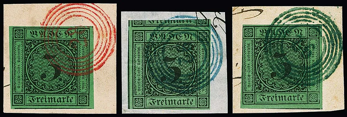3 Kr. brown/green, eight values, often on letter piece, with colored NS, including twice "28" and "115" in red, as well as "92"(2), "110" and "125" each in blue