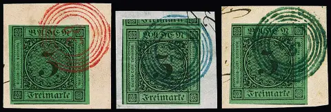 3 Kr. brun/vert, huit valeurs, souvent sur pièce de lettre, avec NS colorés, dont deux fois "28" et "115" en rouge, ainsi que "92"(2), "110" et "125" chacun en bleu