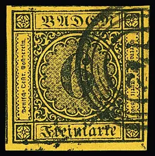 6 Kr. noir/jaune-orange, pièce de cabinet à très grandes marges, en bas du bord de feuille, tous les autres côtés avec marges
