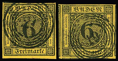 6 Kr. noir/jaune-orange, deux pièces de luxe à marges larges à énormes, une fois parties de quatre marges sur trois côtés (expertise photo Stegmüller)