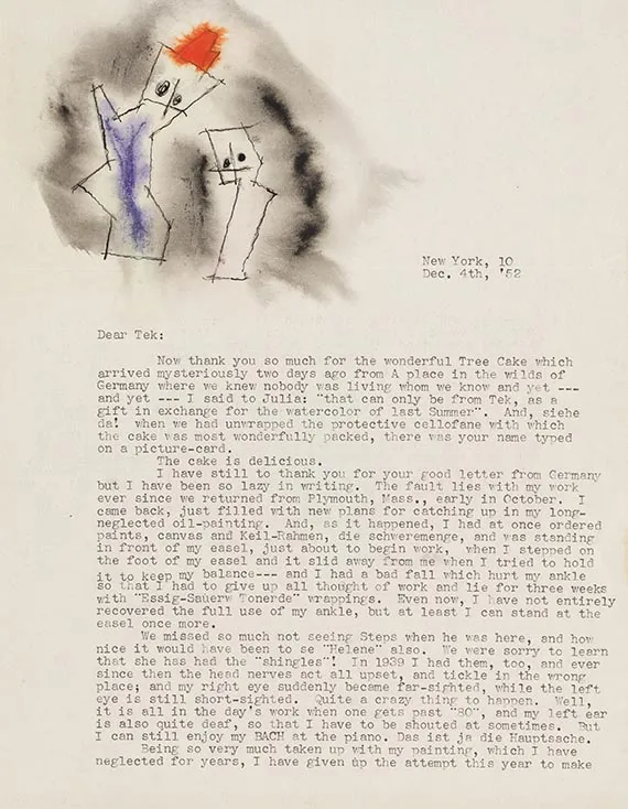 Lyonel Feininger, lettre manuscrite à Thekla Hess, avec dessin original