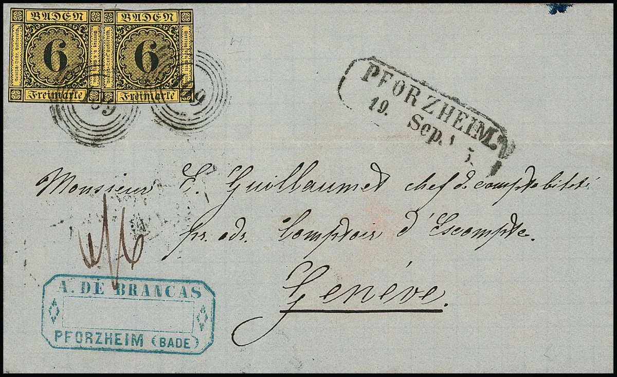 6 Kr. brun/orange-jaune par deux, découpé selon le type d'émission, sur lettre propre affranchie de Pforzheim à Genève