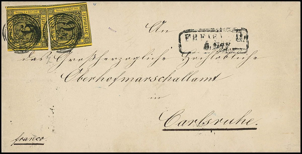 6 Kr. brun/orange-jaune, paire verticale, surtout avec bords larges, largement séparée seulement dans l'intermédiaire, mais les timbres parfaits, sur lettre proprement adressée de Fribourg 1858 à Carlsruhe au Oberhofmarschallamt avec contenu décoratif