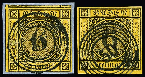 6 Kr. schw./gelborange, sieben Briefstücke und eine lose Marke in oft Kabinetterhaltung, alle mit klaren NS