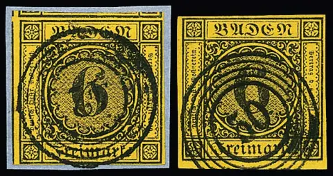 6 Kr. noir/jaune-orange, sept fragments de lettre et un timbre détaché, souvent en qualité cabinet, tous avec NS clairs