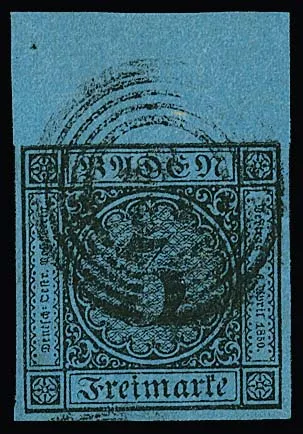 3 Kr. black/blue, wide-margined example with 11mm wide top sheet margin (somewhat "cloudy" paper)