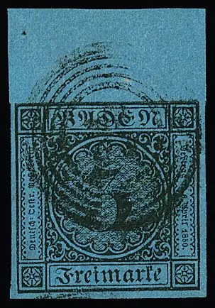 3 Kr. noir/bleu, exemplaire à grandes marges avec bord de feuille supérieur de 11 mm (papier un peu "nuageux")
