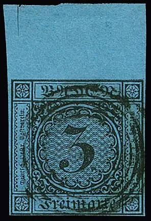 3 Kr. black/blue, full-margined cabinet piece with 12.5mm wide sheet margin at top, signed Brettl, Krause