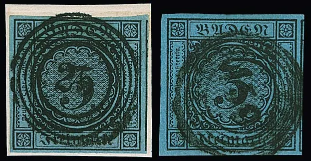 3 Kr. black/blue, two extremely large-margined luxury pieces (adjacent stamps) with clear NS, "25" (Bfst.) and "159"