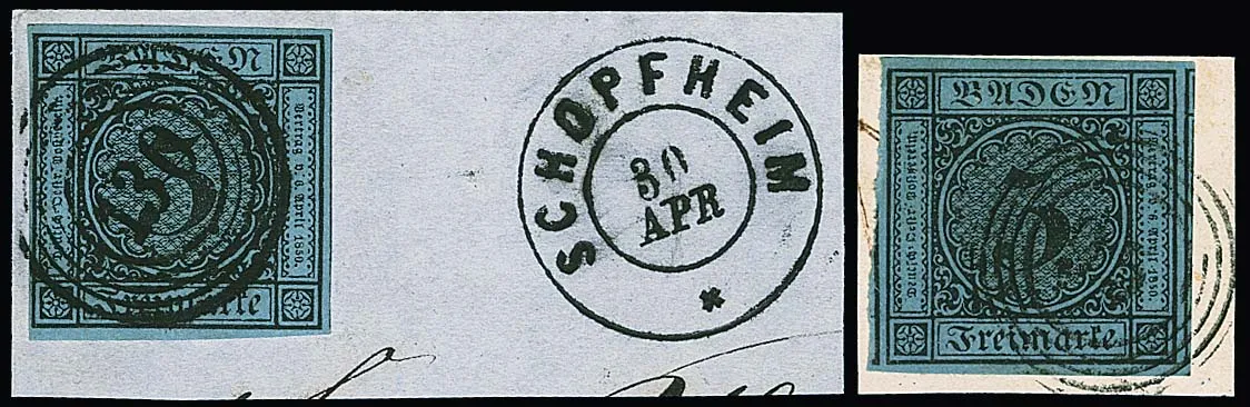 3 Kr. schw./blau, sechs Kabinett-/Luxusbriefstücke mit voll- bis riesenrandigen Marken, u.a. schöne NS, sowie siebtes Briefstück (dieses etwas berührt) mit…