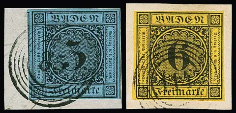 3 Kr. noir/bleu, marges débordantes avec timbres voisins, sur pièce de lettre de luxe avec NS clair "85" (Ludwigshafen), plus 6 Kr. noir/jaune-orange à larges marges sur…